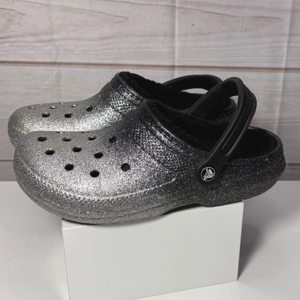 Crocs Classic Lined Clog Ombre Glitter Black Silver Sparkle Fuzzy Shoes Womens 8 - Picture 2 of 6